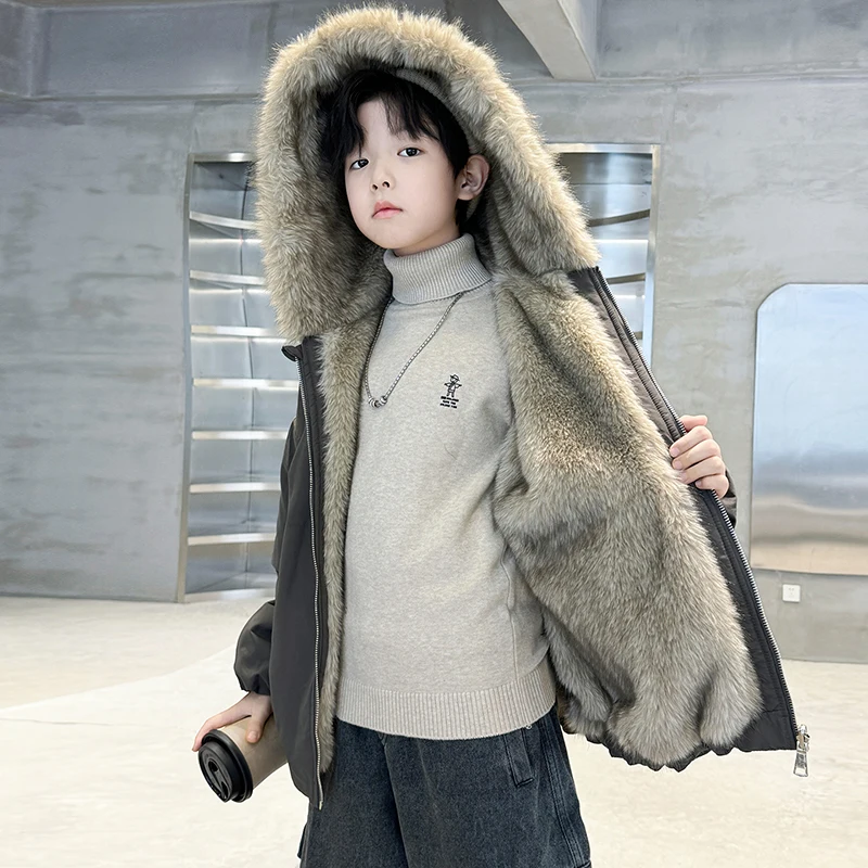 2025 겨울 신상 아동용 양면 후드 두꺼운 코트 남아용 인조 모피 원피스 따뜻한 면 코트 여아용 코트