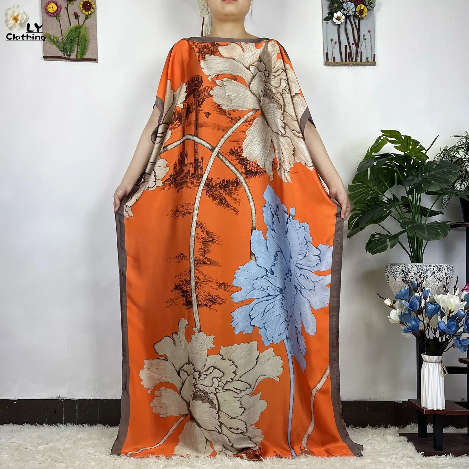 2023 New African Fashion Short Sleeve Colored Pattern Dubai Women Summer Real Silk Soft Printing Loose Tradition Muslim Dress 4