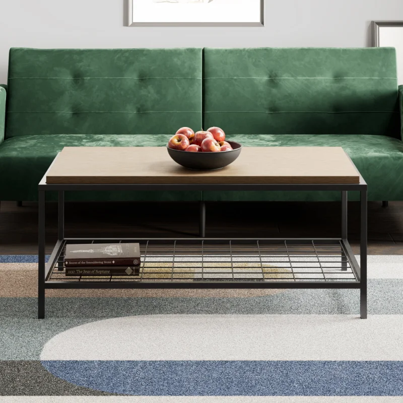 

Collis Industrial Rectangle Wood and Metal Coffee Table, Oak