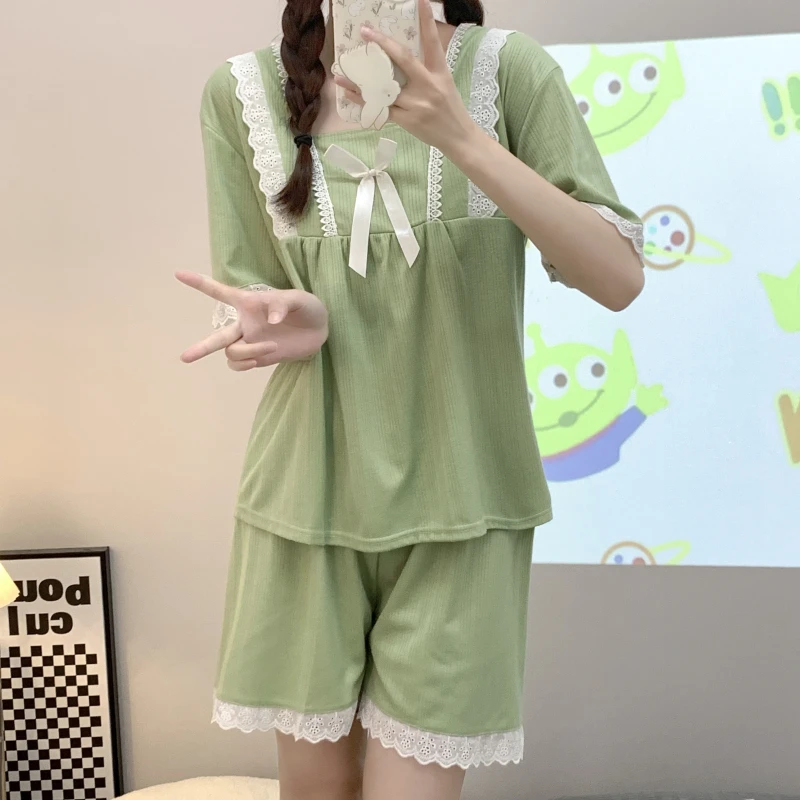High quality new cotton pullover V-neck pajamas for women in spring, autumn, summer, short sleeved home wear, popular 2023 set