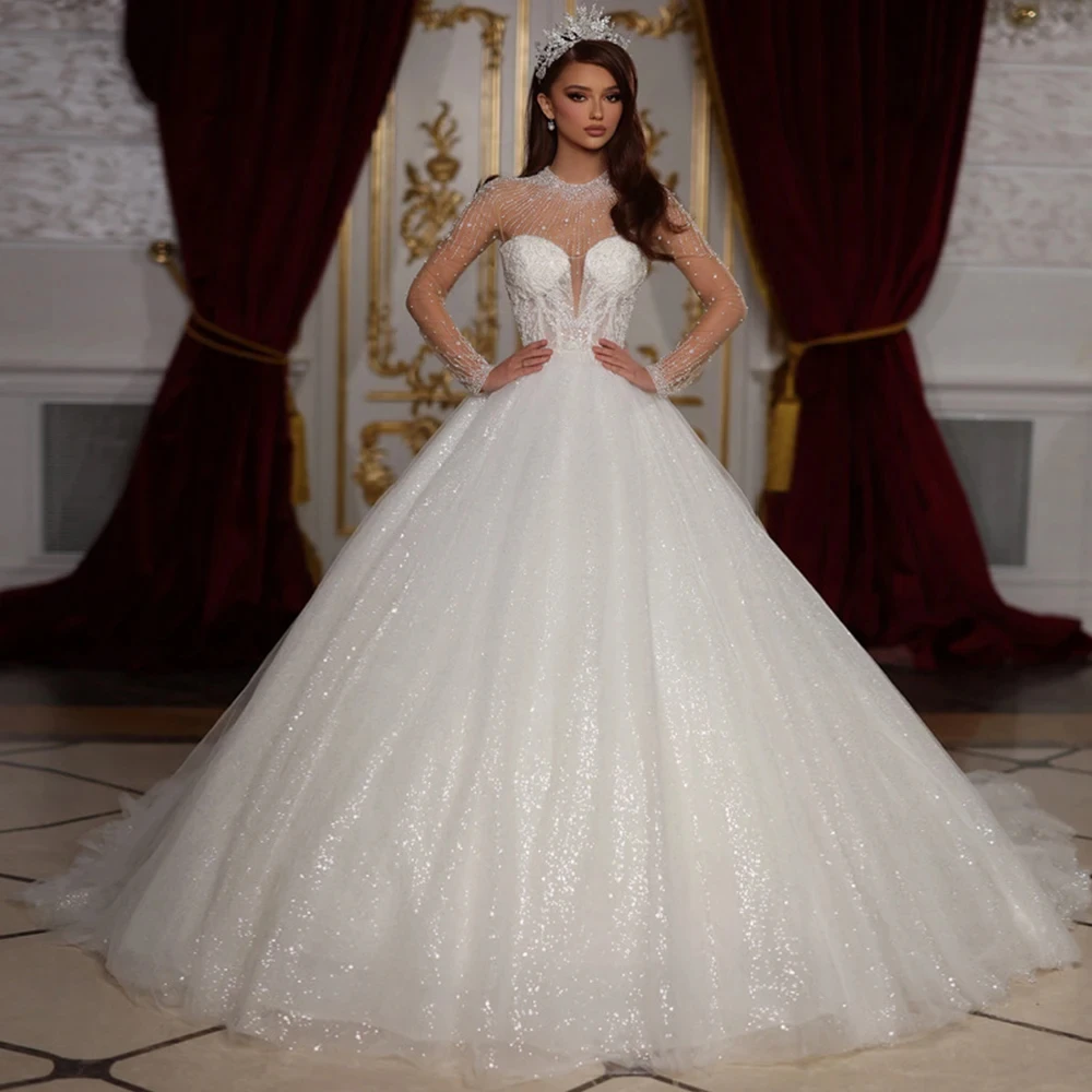 

Sequined Beading Ball Gown Wedding Dresses O-Neck Gorgeous Robe Mariage Detachable Vestidos De Trouwjurk свадебное платье