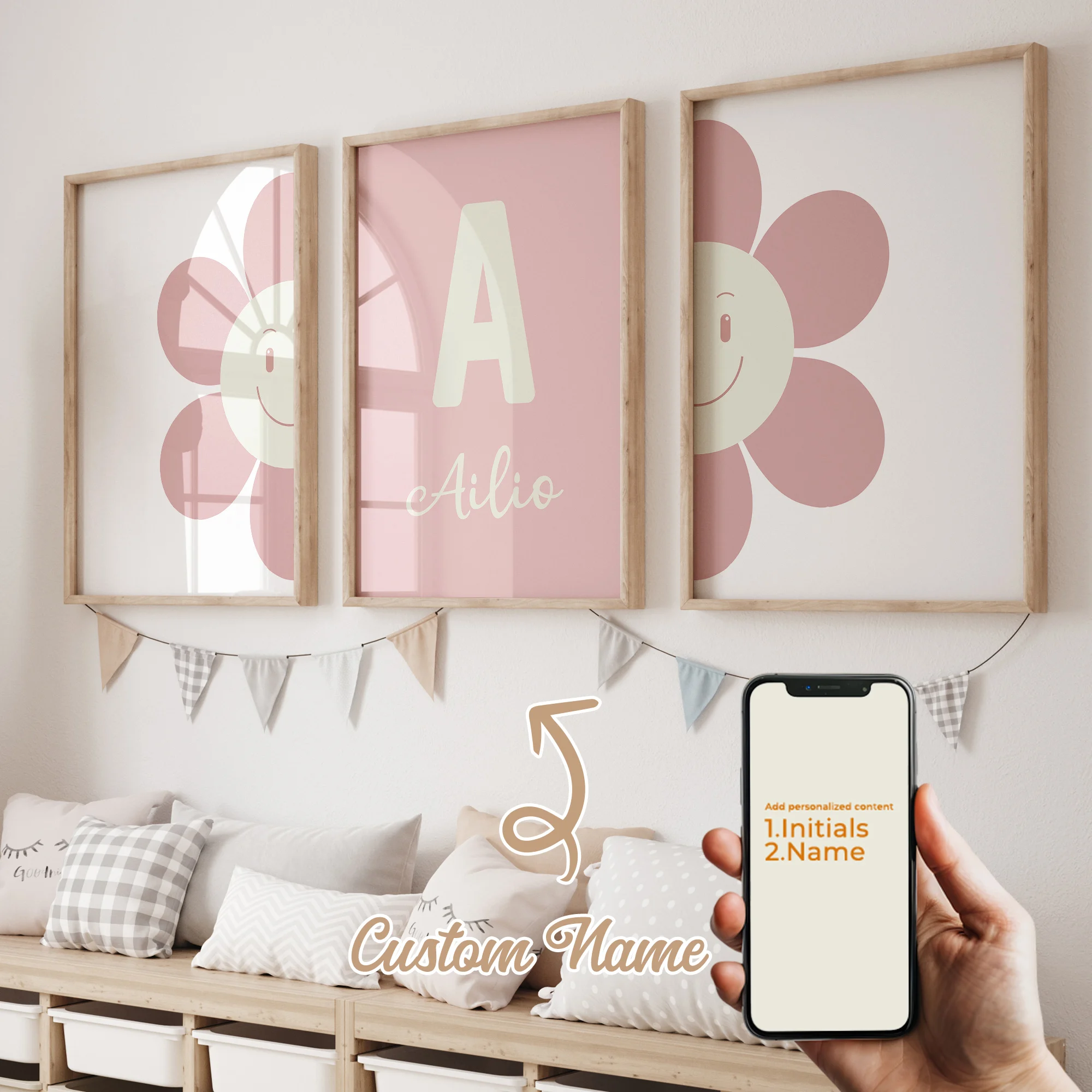 3pcs Personalized Custom Name Cartoon Pink Daisy Wall Art Print Picture Canvas Poster Painting For Living child Room Home Decor 2