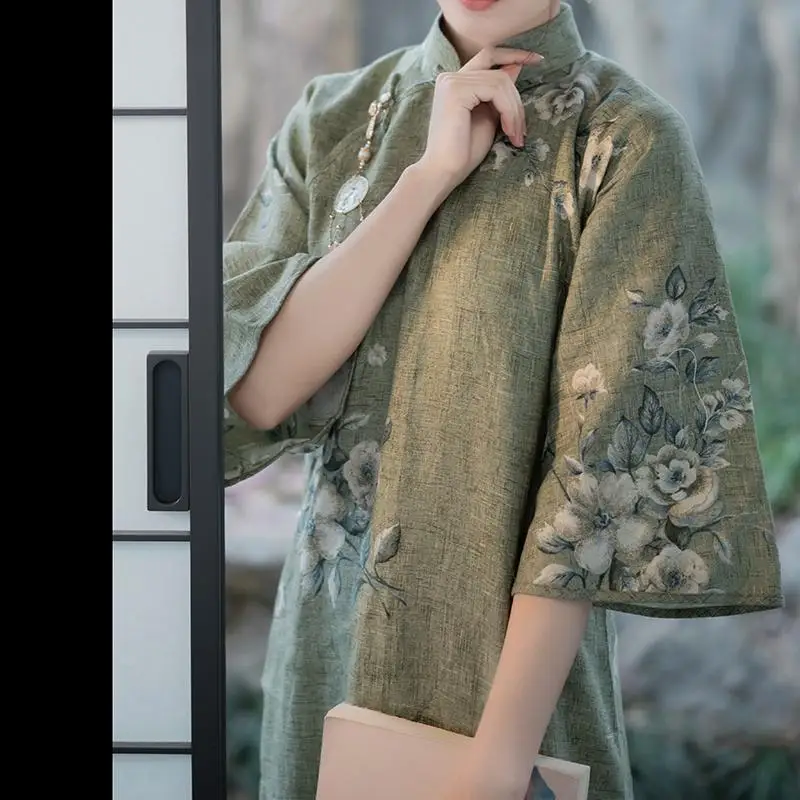 

Traditional Chinese Cheongsam Qipao Dress Hemp Retro Spring Summer Autumn Printed Inverted Large Sleeves Qipao Women's Clothing