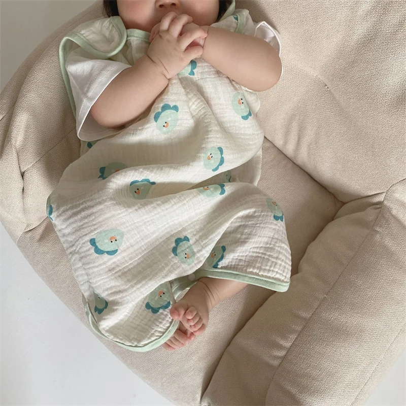 Kids Pajamas Spring Summer Thin Newborn Baby Crawling Suit Pure Cotton Gauze Sleeping Robe Sleeveless Vest Anti Kick Quilts