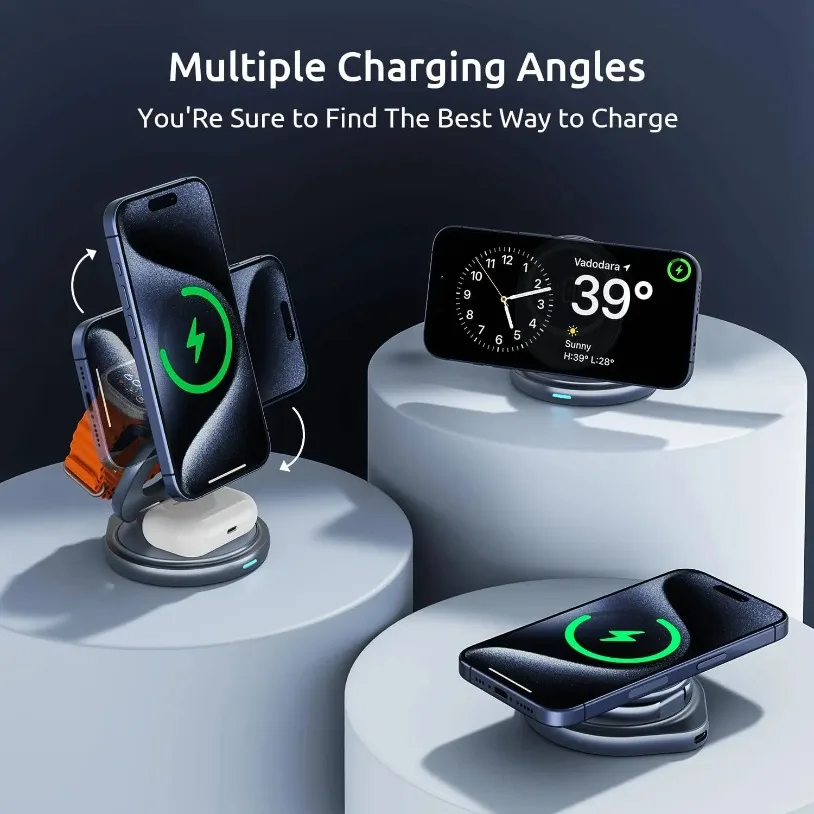 VIKEFON Portable Magnetic Zinc Alloy Travel Fast Wireless Charger Stand For Magsafe iPhone 17-12 Apple Watch 9 8 Airpods Pro