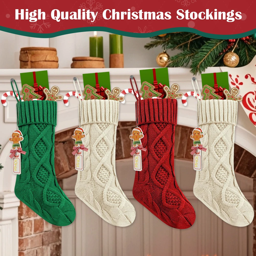 Personalized Christmas Stocking with Leather Patches Large Size Cable Knitted Socks Large Capacity for Home Xmas Tree Ornament