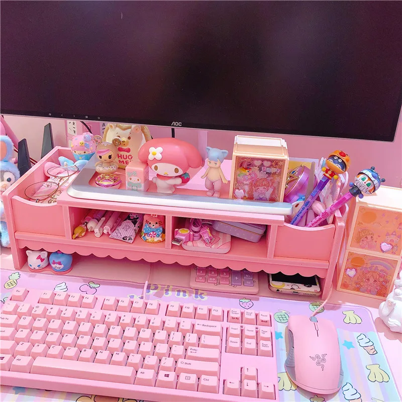 Pink Cute Monitor Stand Desktop Storage Wood Bracket Storage Box Laptop Desktop Computer Monitor Increase Rack Office Supplies