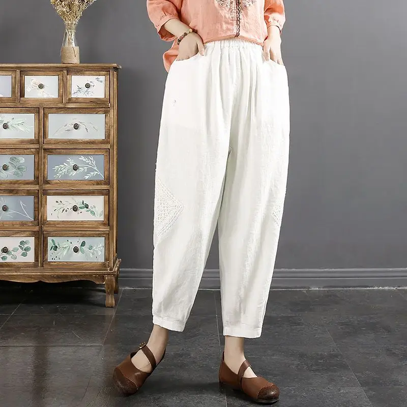 Elegant Fashion Harajuku Slim Fit Female Clothes Loose Casual Sport All Match Cropped Pants High Waist Cotton Linen Trousers