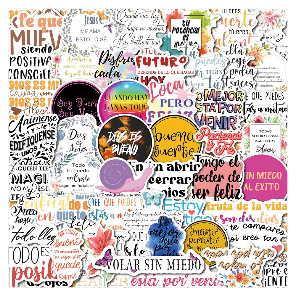 10/30/50pcs Spanish Inspirational Waterproof Stickers Motivational Phrase Life Quotes Decals Sticker Graffiti DIY Study Room Car spiral notebook inspirational quote hymn motivational phrase blank paper sketch note book for art graffiti notepad faith belief