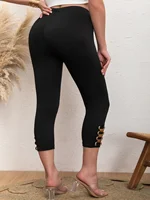 Elegant Plus Size Women's Capri Pants with Chic Metal Chain Detail High-Elasticity Fashionable Casual Solid Mid-Calf Trousers - Image 5