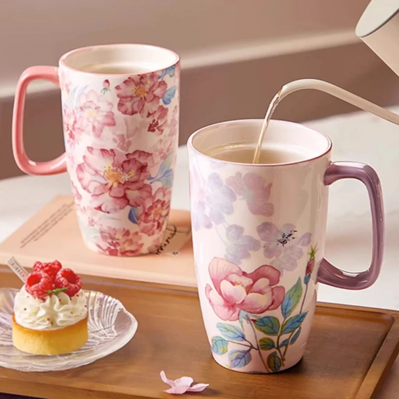Chinese Style Ceramic Gift Cute Mug, Home Personal Office Creative Hand Drawn Flower Patterns, Milk Water Coffee Cup, 600ml, 1Pc