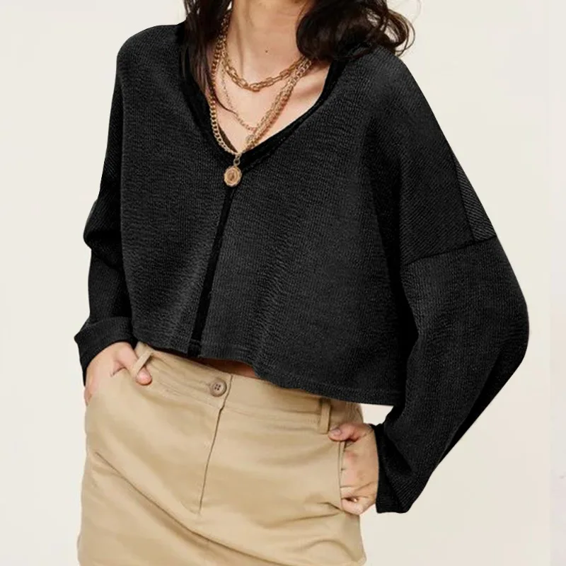 Spring and Autumn Women's Pullover V-Neck Solid Color Panel Shoulder Drop Long Sleeve Sports Sweater T-shirt Fashion Sexy Tops