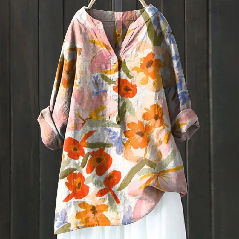 Chemisier En Lin Femme - Manches Longues, Col V - Imprimé Floral Ou Uni - Taille S à XXL - Décontracté