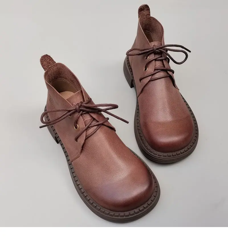 Genuine Leather Wide Toe Women's Shoes Spring Cowhide Short Boots Soft Sole Lace-up High-top Original Single Shoes