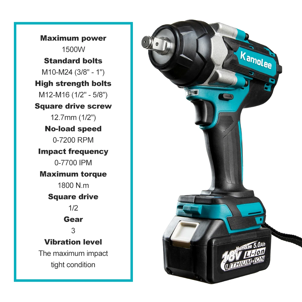 Kamolee DTW700 1800NM Brushless Cordless Impact Wrench 1/2 Speed High Effieiency Durable Auto for Kamolee/Mak 18/21V Battery — view 2
