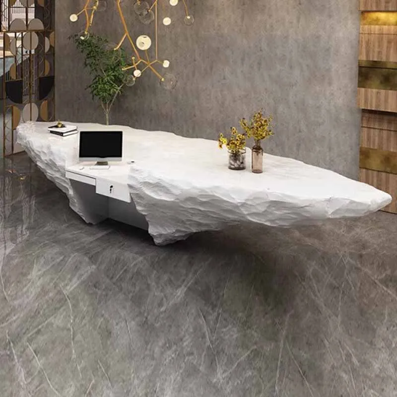Bancone Reception Bianco di Lusso Curvo Classico Moderno con Cassetti - Scrivania Frontale per Ufficio - immagine 4