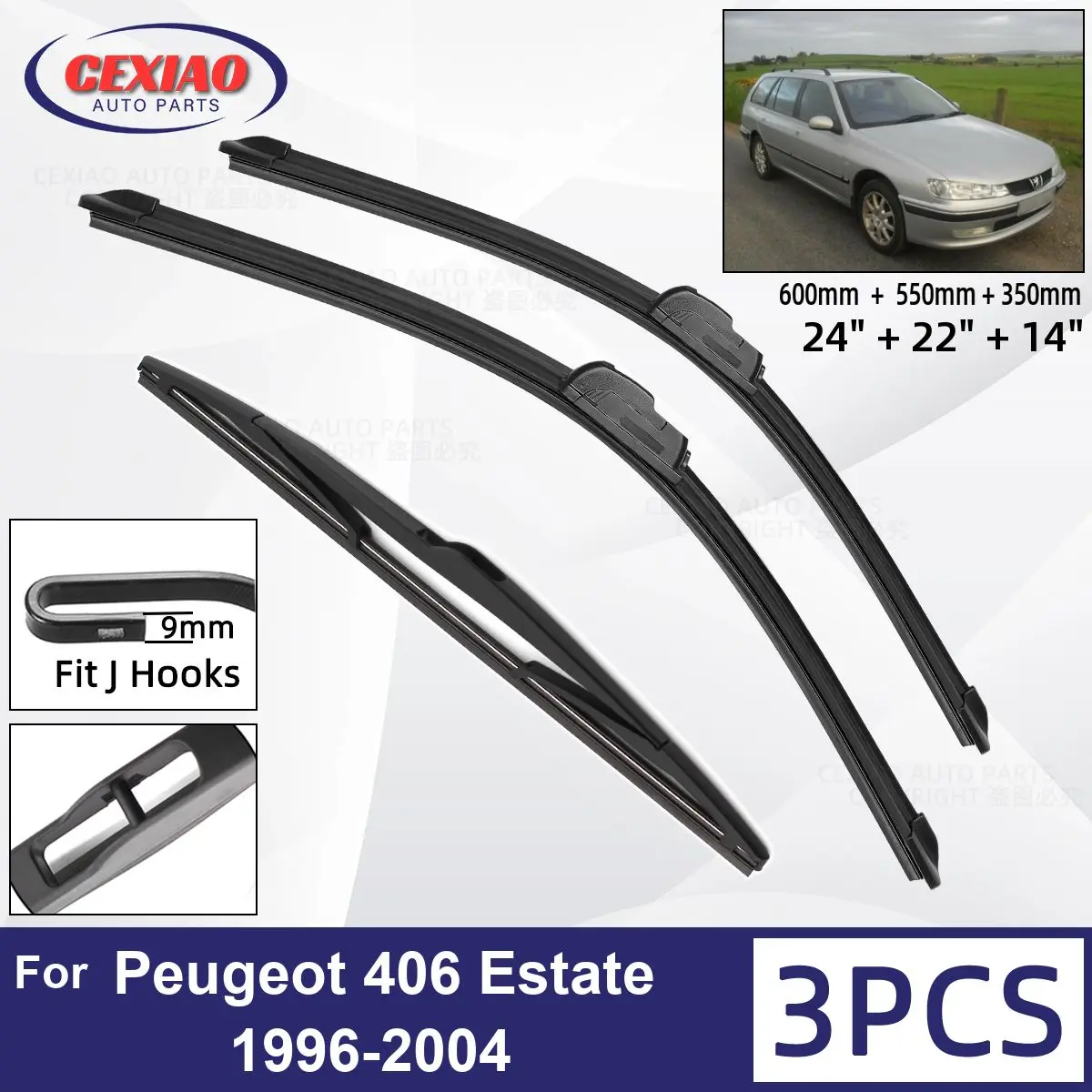 

Щетки стеклоочистителя для Peugeot 406 Estate 1996-2004, мягкие резиновые стеклоочистители для автомобильного лобового стекла 24 дюйма + 22 дюйма + 14 дюймов 1996-2004