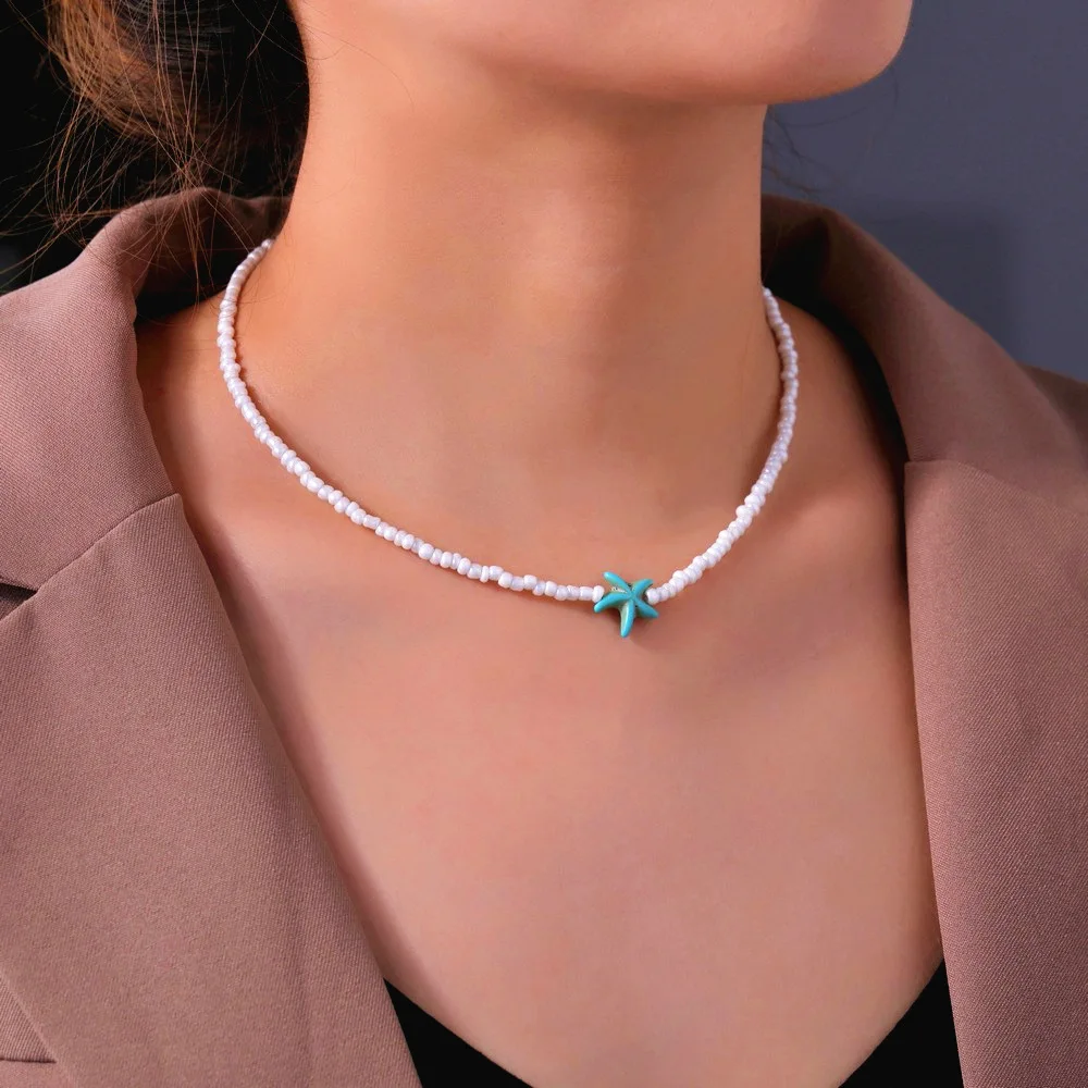 Shell Starfish Short Necklace for Women Multicolour Sea Star Beads Handmade Clavicle Choker Summer Beach Jewelry Stylish Bijoux