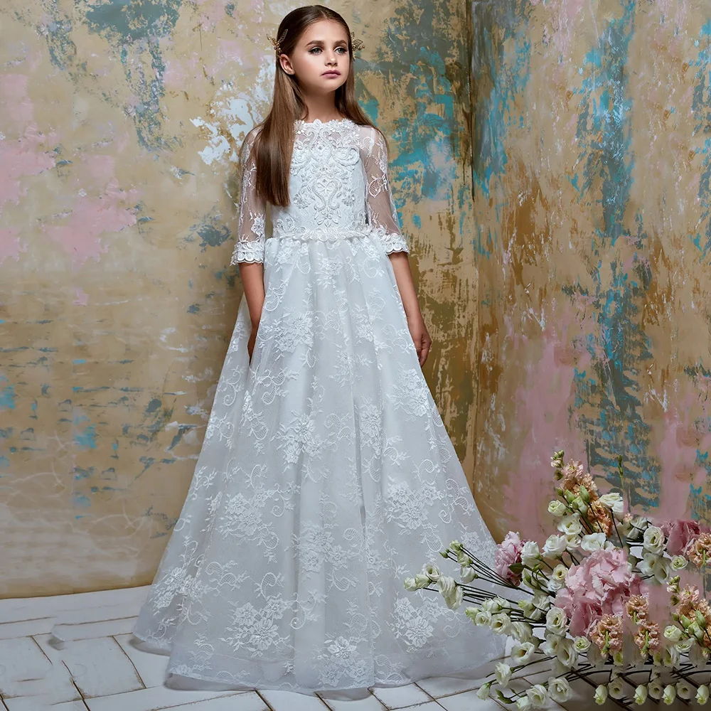 

White A-Line Flower Girls Dresses Lace Appliques Sequined Beads Long Pageant Gowns Simple 3/4 Sleeves Bow First Communion Dress