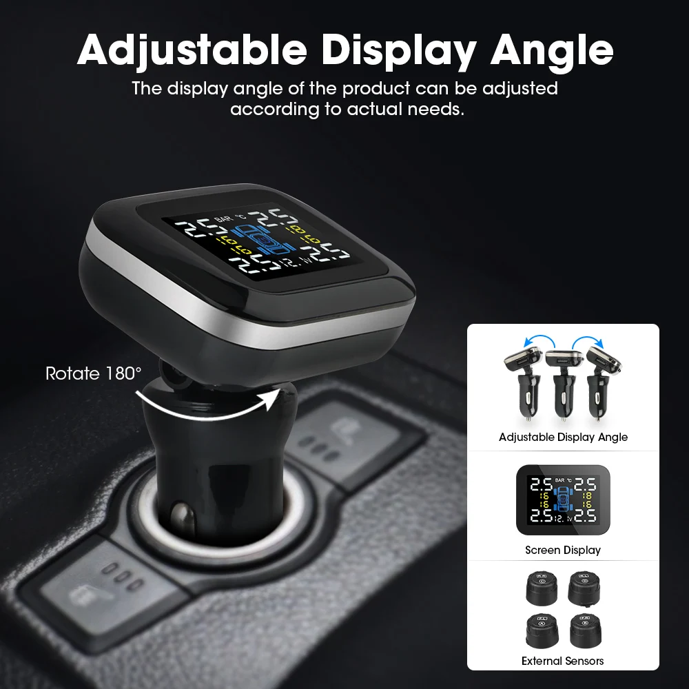 Car TPMS Cigarette lighter Tire Pressure Monitoring System Sensors Adjustable Display Angle Auto Security Alarm Pressure