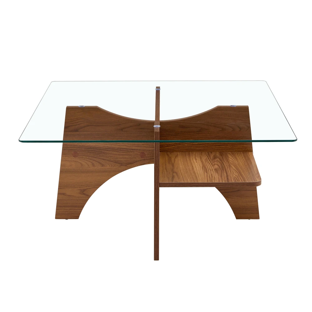 Moderner quadratischer Beistelltisch/Couchtisch aus Sicherheitsglas – 80 cm. Tischbeine aus MDF in Walnussholzoptik. Ideal für das Wohnzimmer – Detail 11