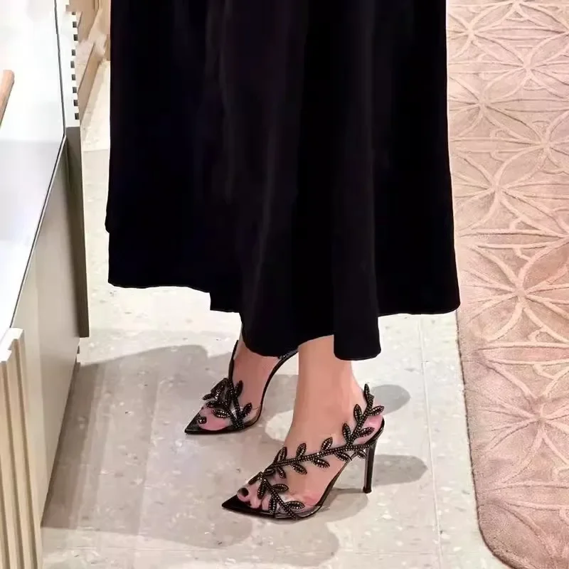 صنادل أزياء المرأة مصمم حجر الراين المفتوحة تو أشار تو شفافة عالية الكعب غرامة كعب حزام واحد أحذية النساء المشاهير