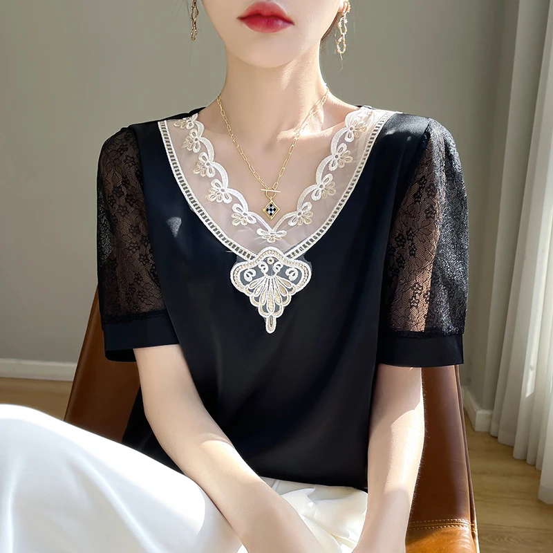 Spring/Summer 2024 New Satin V-neck Chiffon Women's Short-sleeved Lace Spliced Outer Wear Bottom Shirt