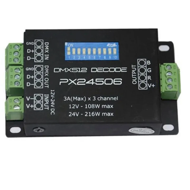 RGB LED 스트립 조명 컨트롤러, LED 디코더, DMX 512 디코더 드라이버, DMX 512 증폭기, PX24506, 9A, 12V, 24V