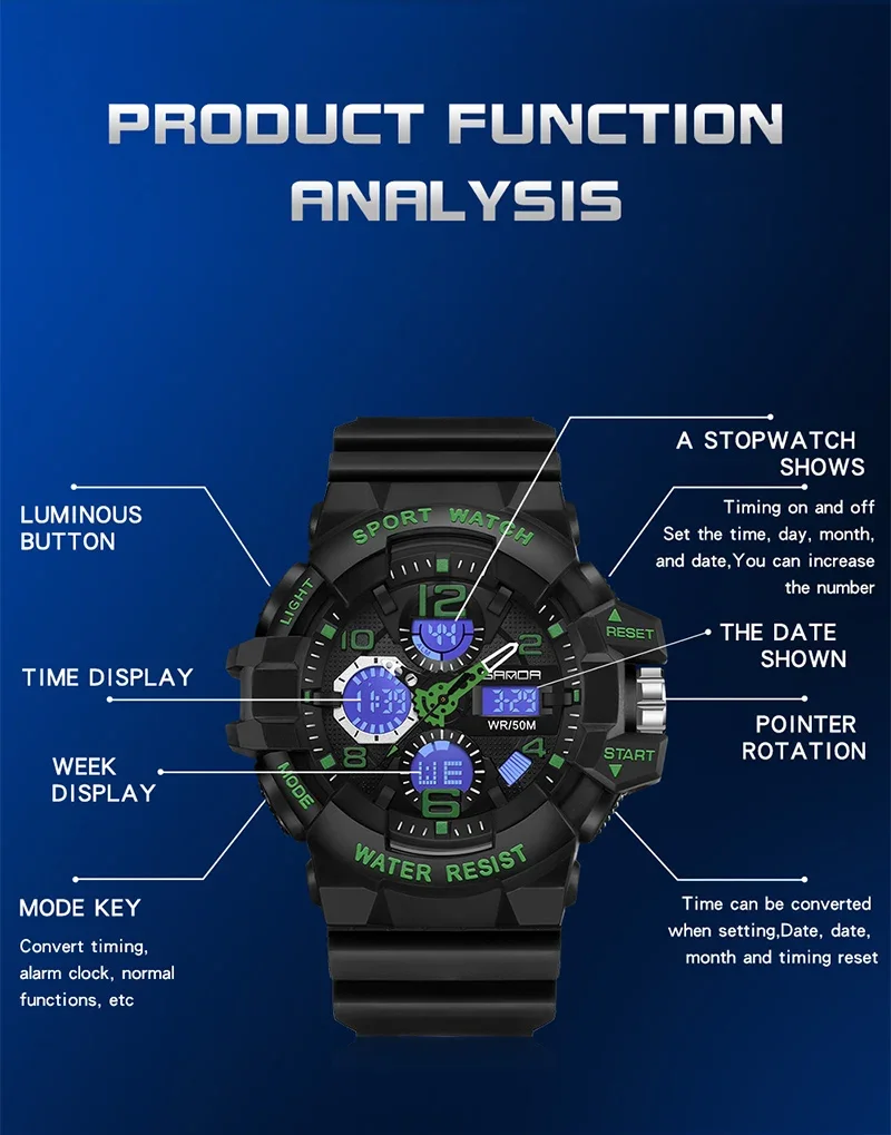 SANDA 3168  LED Digital 50M Waterproof Watch Men Multifunction Clock Relogio Masculino Men Military Watches White Sport Watch 6