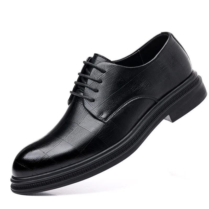 

Men's Soft-bottom Plaid Formal Business Shoes Fashion New Designer Breathable Black Cowhide Casual Groom Wedding Shoes for Men