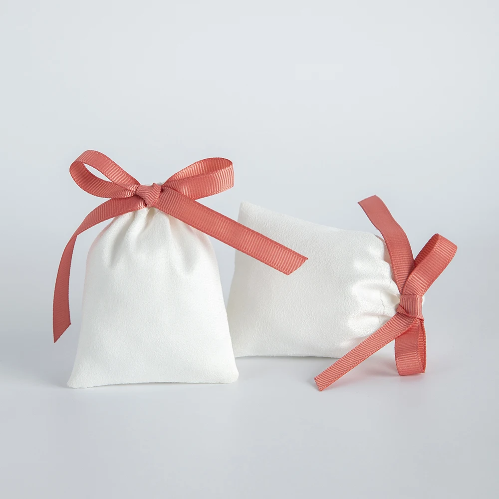 Luxury White Flannel Ribbon Necklace Wrapping Bag Gift Drawstring Storage Pouch Jewelry Earrings Necklace Packaging Velevt Pouch