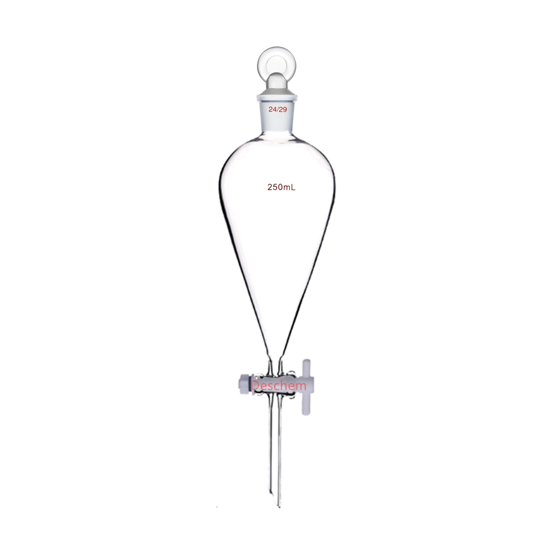 250ml 24/29 Glass Separatory Funnel Pear Shape PTFE Stopcock Straight Drop Tube Lab Glassware