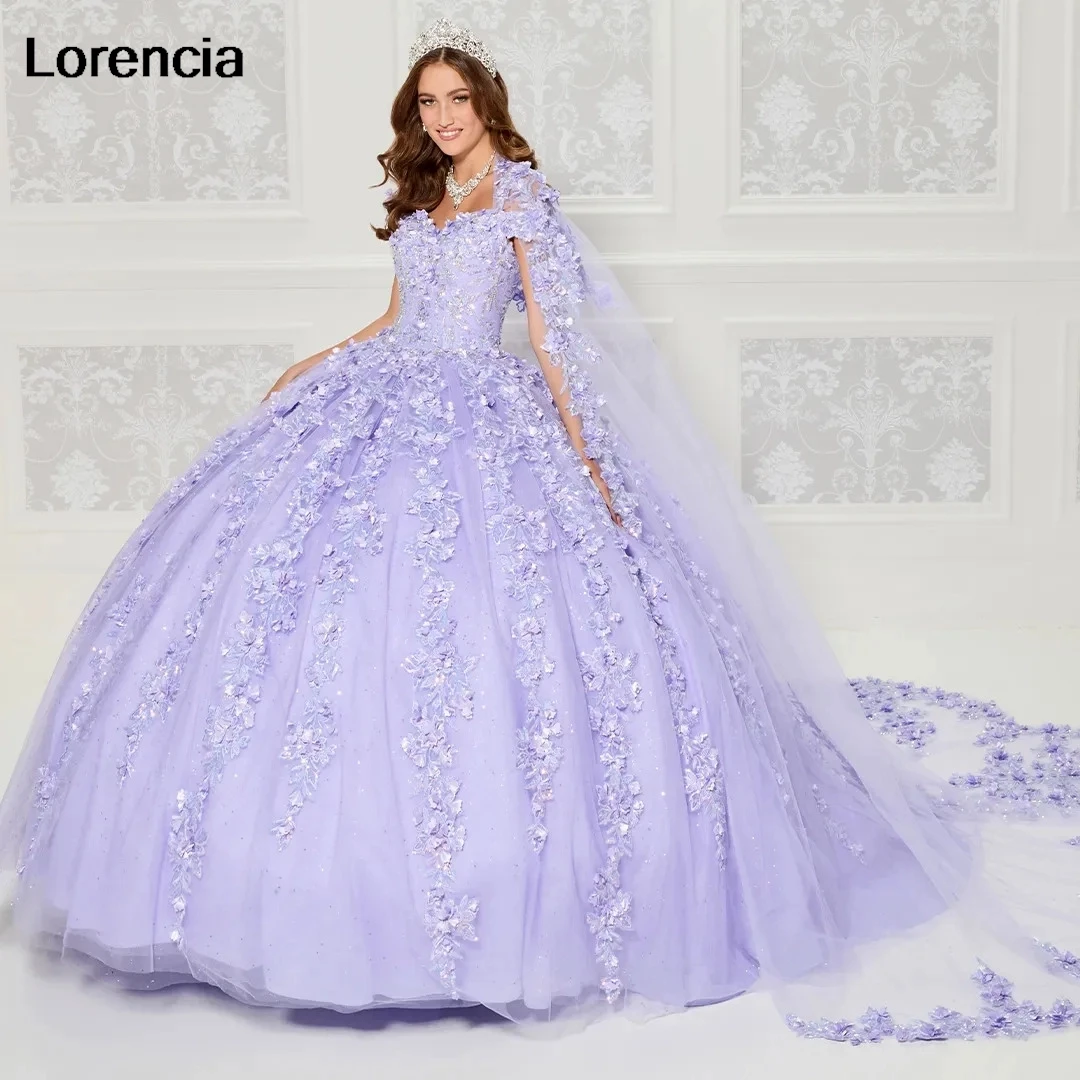 

Lorencia Lilac Quinceanera Dress 2024 Ball Gown Floral Lace Applique Beaded With Cape Corset Sweet 16 Vestidos De 15 Años YQD775