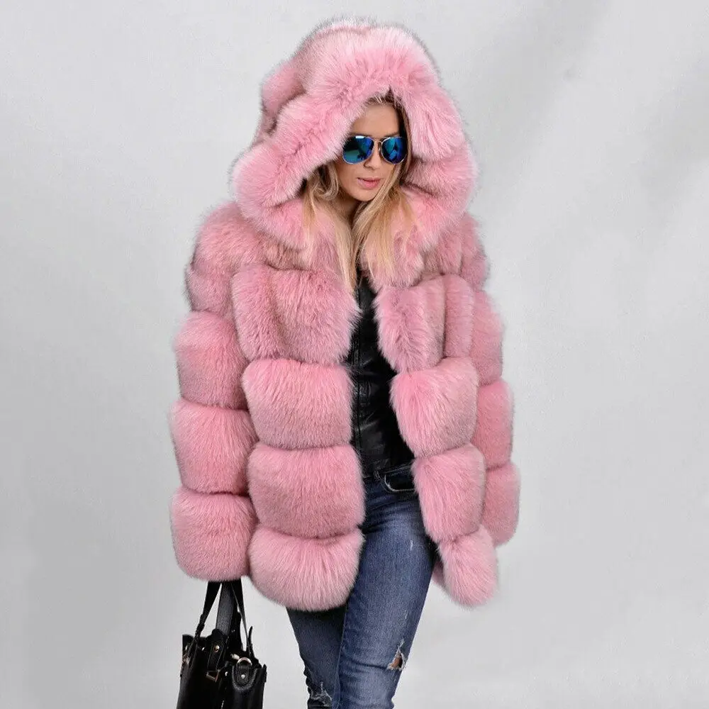 

Hooded Pink Fox Fur Coat Women Fashion Warm Luxury Outertwear Strip Sewed Solid Natural Genuine Fox Fur Jacket Lady