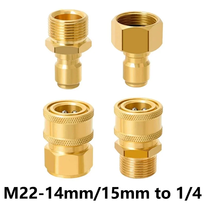 Brass M22-14mm/15mm to 1/4 Inch Pressure Washer Adapter Set Quick connection Disconnect for Power Washer Hose Pump 5000 PSI