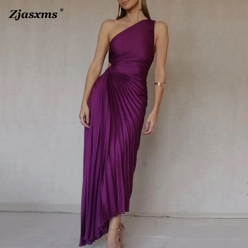 

Spring Summer Backless Sleeveless Irregular Party Dresses Elegant Women Ruffled Pleated Diagonal Collar Maxi Dress Evening Dress