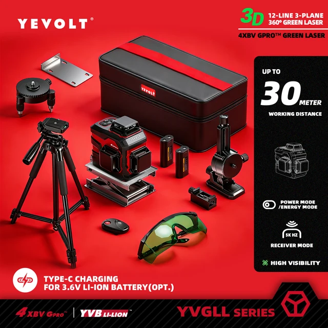 YEVOLT YVGLL4XS12 série niveau Laser vert 3 planches 12 lignes auto-nivelant 360 3D horizontale et verticale 3.6V 3Ah outils électriques 1