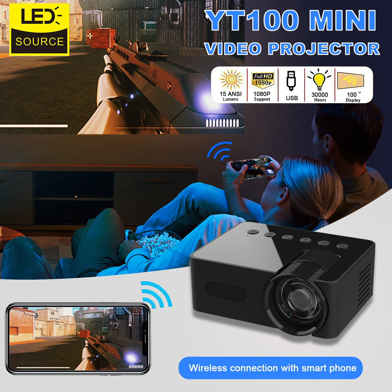 Mini Projetor Portátil ao ar Livre Yt100 Android Wi-fi Inteligente Hd1080p Completo Escritório Cinema em Casa Filme sem Fio Mesma Tela