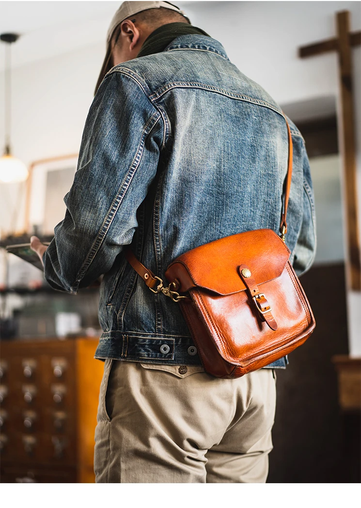Modische Vintage-Umhängetasche aus pflanzlich gegerbtem Rindsleder für Herren, Designer-Luxus-Schultertasche aus echtem Leder für Outdoor-Partys – Detail 3