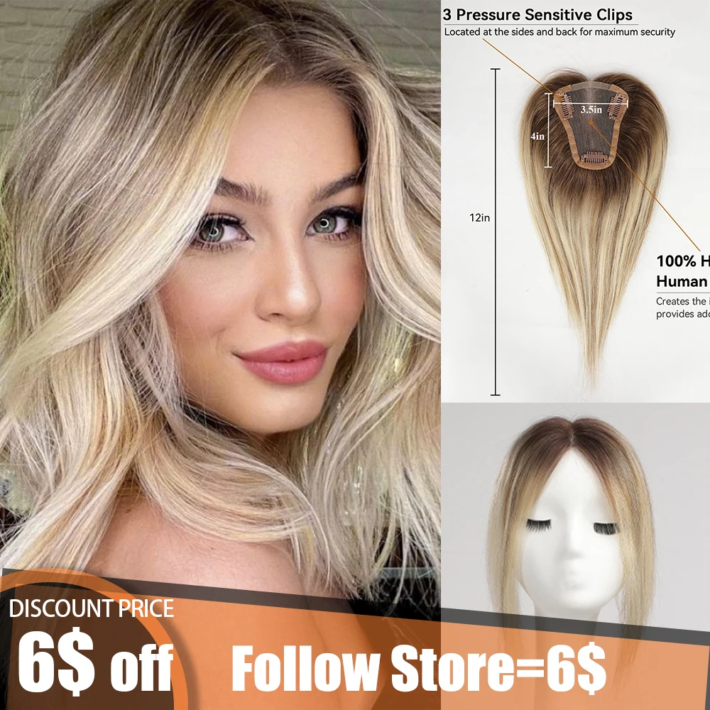 Blonde Human Hair Toppers human hair toppers Lace Base 100% Remy Human Hair Toppers Clips in Light Golden Brown Mixed Hairpieces for Women 12inches