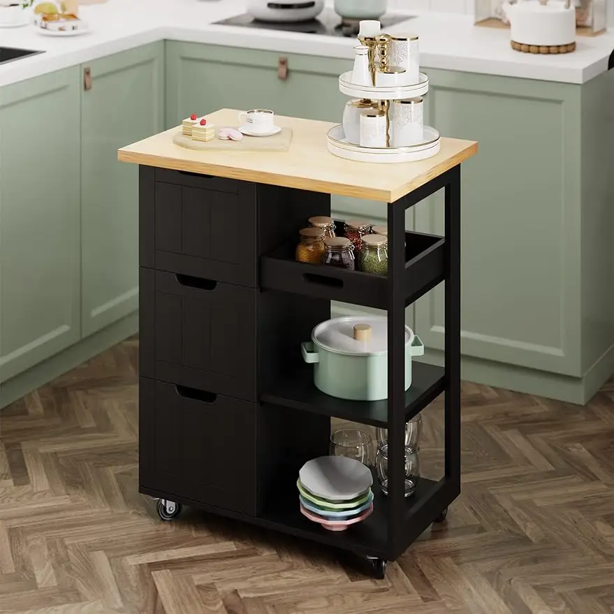 

Kitchen Island Rolling Cart with Storage Cabinet, Utility Cart on Lockable Wheels with 3 Drawers, Open Shelves & Towel Ha