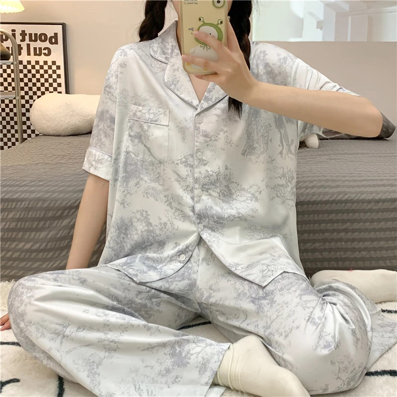 Pajamas Women's Summer Ice Snow Silk Simple High Grade Silk Short Sleeve Pants Cardigan Small Lapel 2023 New Home Furnishing