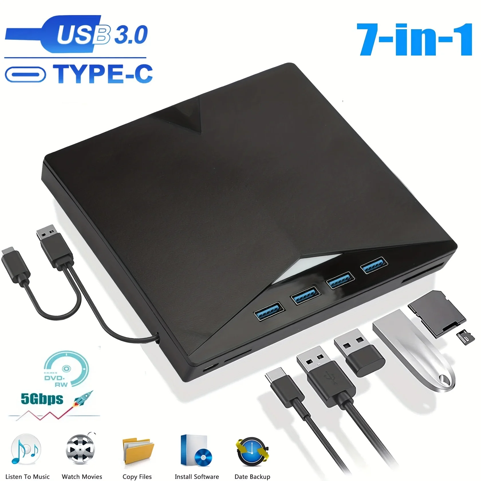 USB 3.0 C 타입 외장 CD DVD RW 광학 드라이브, DVD 버너 리더 플레이어, 노트북 노트북용 슈퍼 광학 드라이브, 7 인 1