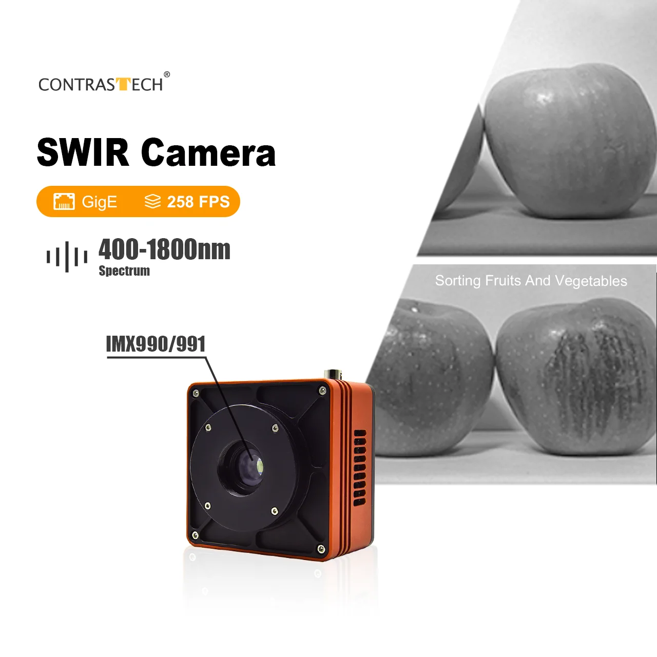 SWIR Imaging Camera para Controle de Qualidade de Alimentos, USB 3.0, Refrigeração VGA, 640x512, IMX991, 400fps