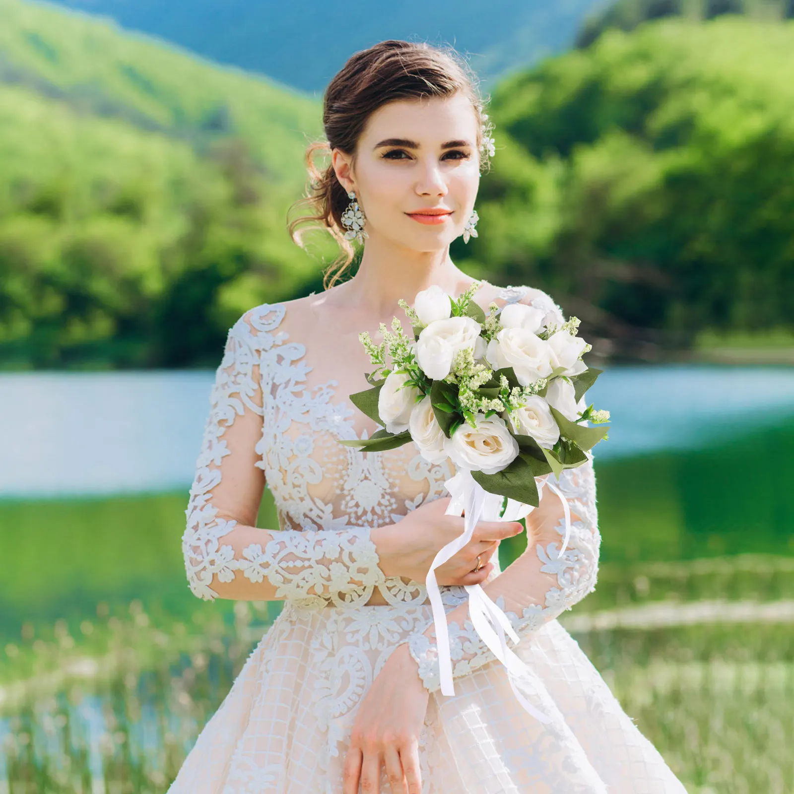 

Artificial Bride Holding Flowers Wedding Bridal Bouquets Bride Photography Western Style Forest Style Roses Dried Marriages