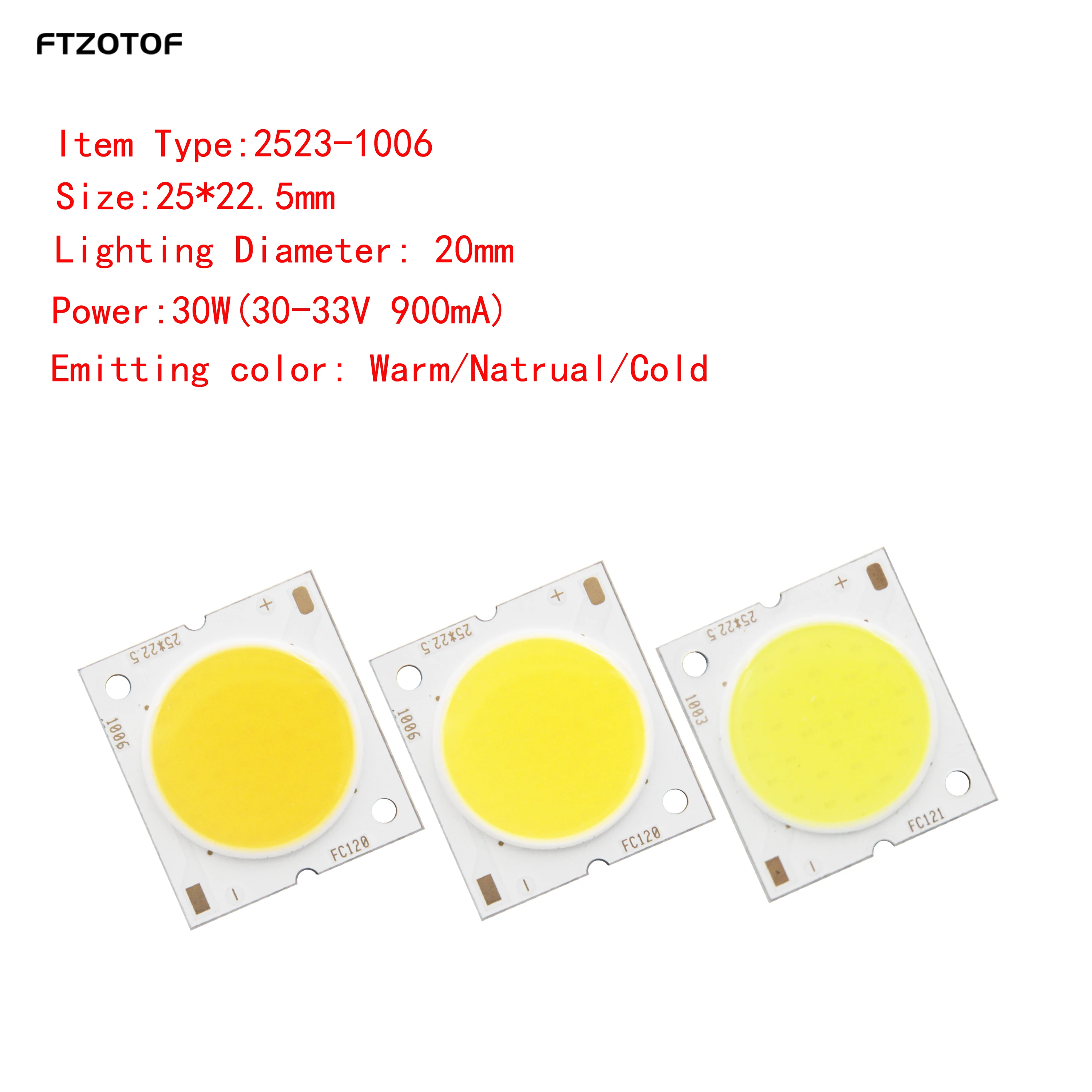 

FTZOTOF LED COB Light Source 30W 25x23mm Emitting Diameter 20mm Cold Warm Nature White for Down Track Lamp Diode Chip DC 30-33CV