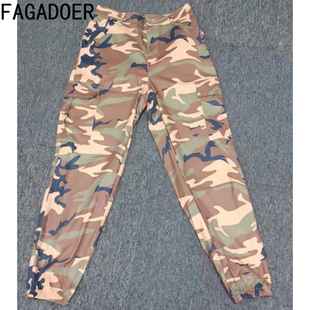 FAGADOER Casual Camouflage Printing Jogger Pants Women High Waisted Zipper Trousers Fashion Female Green Sport Bottoms 2023 New