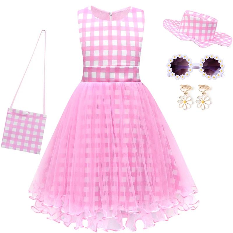

2023 New Children Pink Plaid A-line Dress Party Princess Kids Dresses For Girls Christmas Lace Tutu Clothing 3 to 10 Years