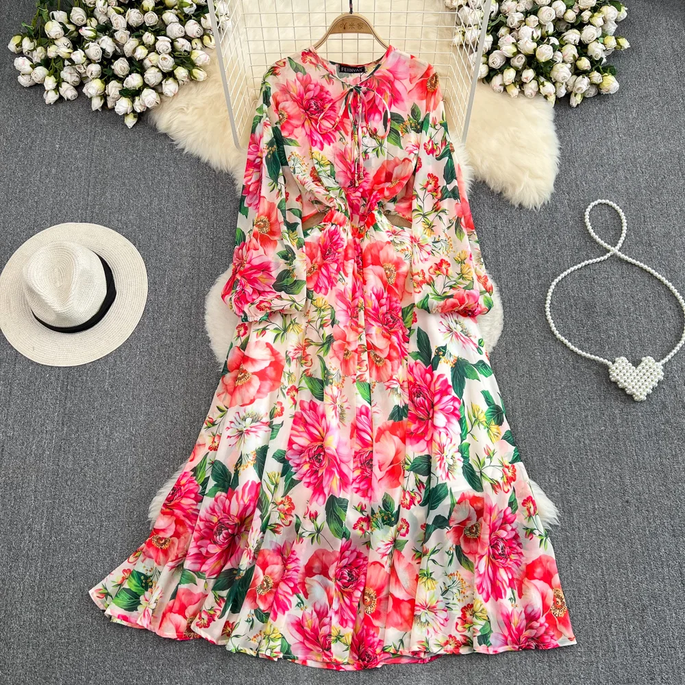 

High Quality Long Sleeve Flower Shirt Dress Women Round Neck With Waistband Slim A-line Floral Print Dress Long Vintage Dresses