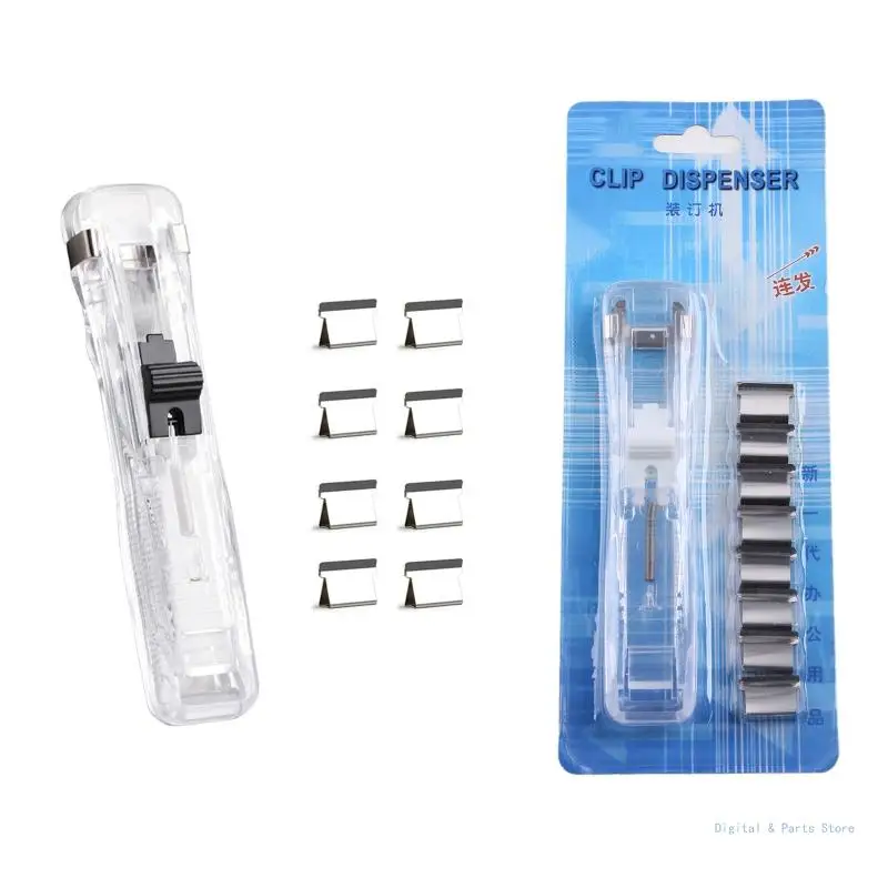 

M17F Clear File Clamp Dispenser Set with 8 Pcs Refill Clips 50 Pcs Metal Refill Paper Clamps Office School Binding Tools